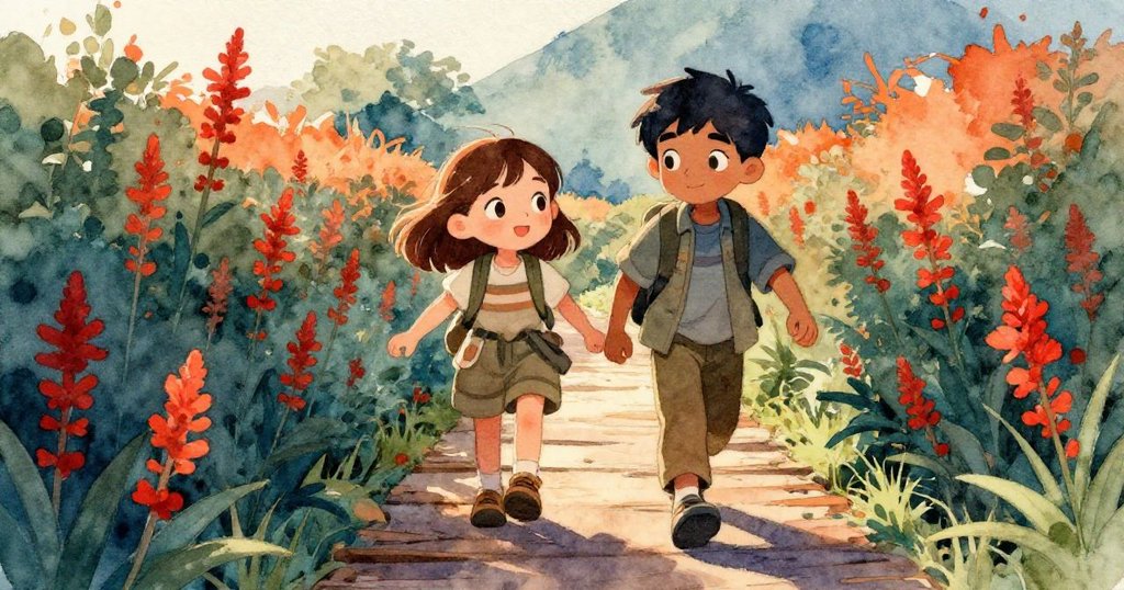 丹娜與福瑞斯小心穿過擁擠林間小道，濃密樹籬拂肩，紅色紗草點綴，黃昏光影中展現決心。