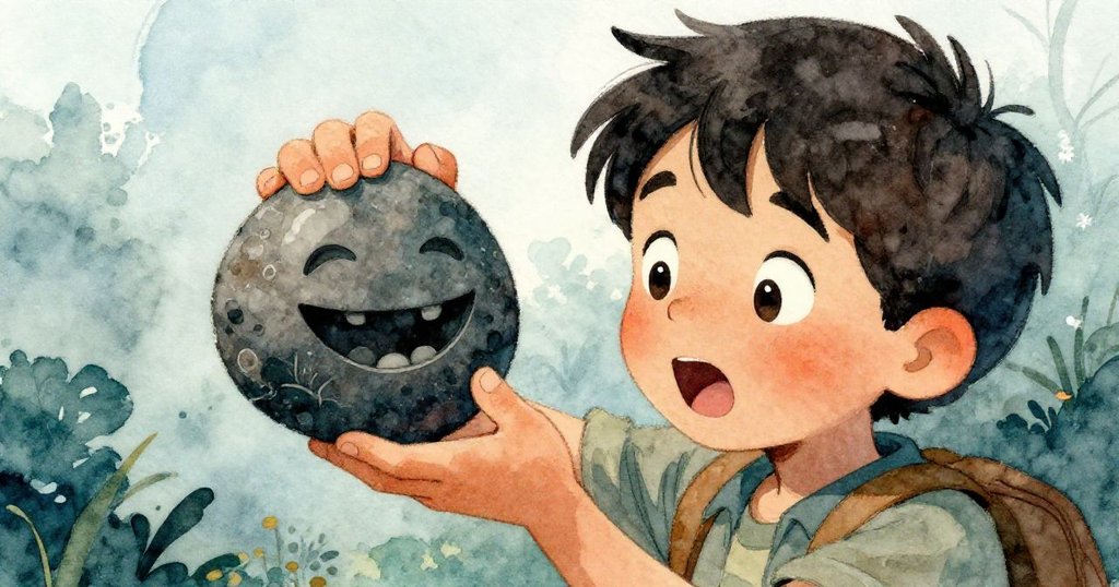 福瑞斯驚喜翻動暗色石子，發現隱藏微笑，表情活潑，特寫展示石面刻紋與自然質感。