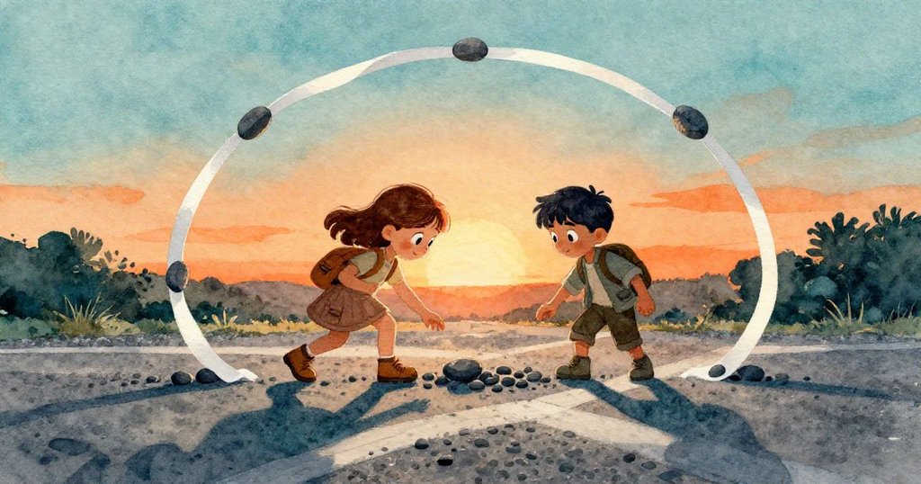 丹娜與福瑞斯在夕陽下回到交匯處，依循微白綢帶探索新路，互動動作展現期待與決心，結局閉環。