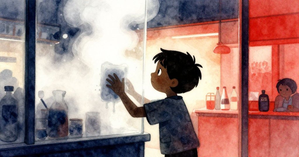 格里爾在暖光照耀的飲料店內擦拭霧氣玻璃，蒸氣繚繞中展現專注背影，氛圍明亮溫馨。