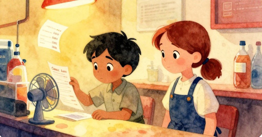 格里爾與麗拉在多層次吧台前忙碌，訂單紙隨風飄動，蒸氣中糖漿泵模糊不清，現場充滿動感。