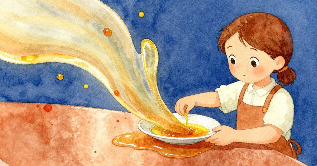 麗拉輕柔地將試盤放於錫銅色臺面上，捕捉流動如溪的琥珀水帶，細節清楚，神情謹慎。