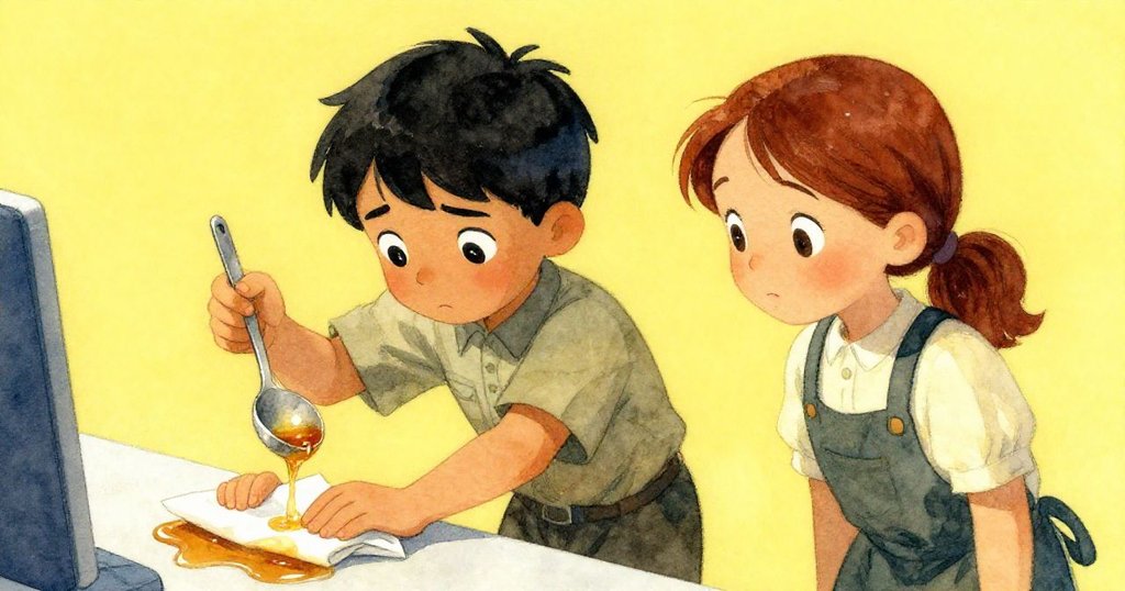 麗拉緊張地按壓摺疊手帕吸收溢出琥珀液，格里爾則專注舀取最後一球，神情凝重，氣氛充滿懸念。