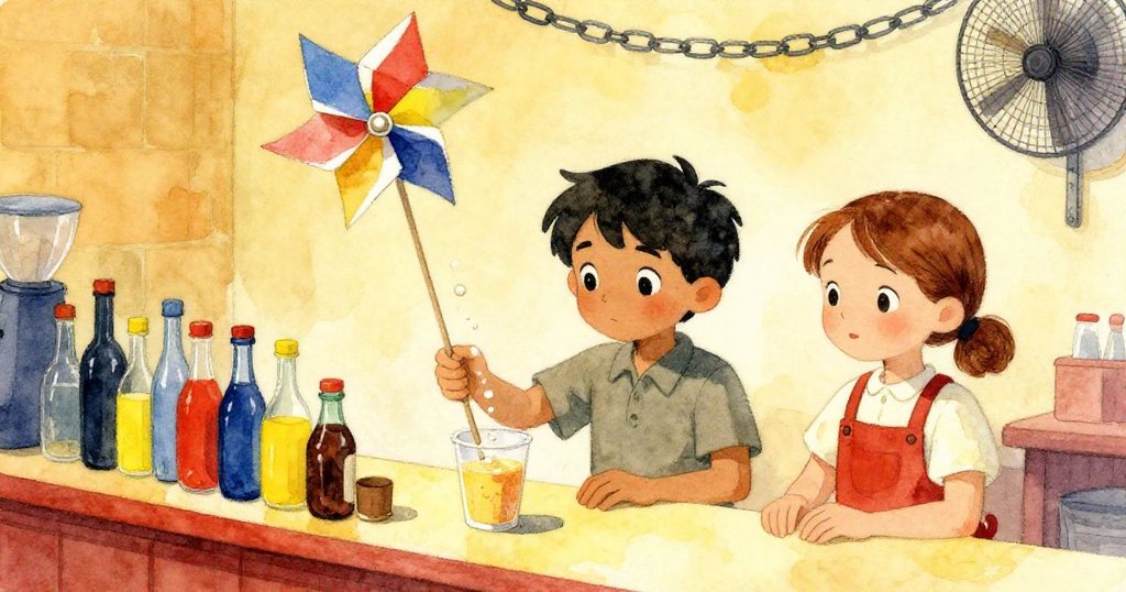 格里爾將最後一顆珍珠輕輕投入麗拉杯中，背景風車旋轉與扇鏈轉動暗示故事延續，氣氛柔和而安定。