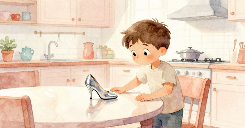 Luke用手觸摸光亮桌面，展現好奇神情，在溫馨廚房中開始實驗，桌面反射出柔和光芒。