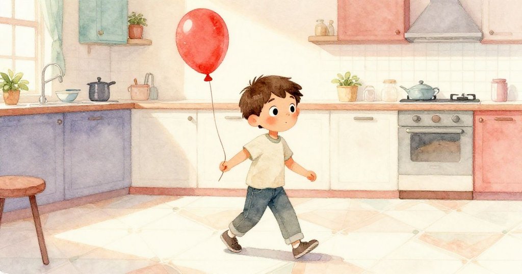 Luke輕快移步於瓷磚地面，手持紅氣球，臉上流露堅定興奮，穿越工作區域。