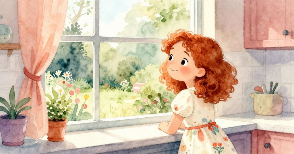 Esme凝視廚房窗外，透視柔美花園與晨光，室內溫馨與大自然靜謐交織成美好畫面。