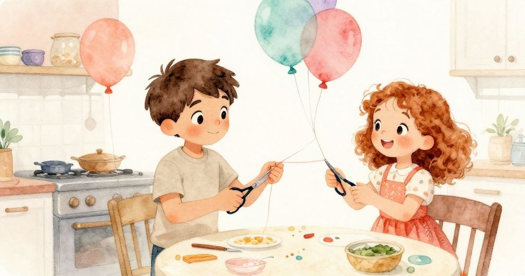 Luke與Esme在綁氣球區合作，Esme微笑遞上剪刀，Luke專注剪繩，兩人共享創作快樂時光。