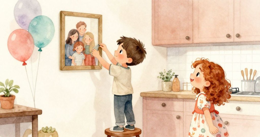 Luke站在小凳上貼帶完成氣球裝飾，Esme欣喜旁觀，溫馨廚房中展現家庭團聚與創作成就。