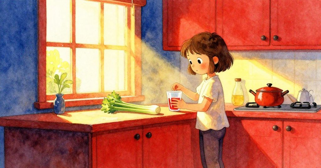 Kit在明亮的廚房窗邊調整紅色玻璃，背景透出蜂蜜光芒，桌上擺放著芹菜和筆記本，神情專注且充滿希望。