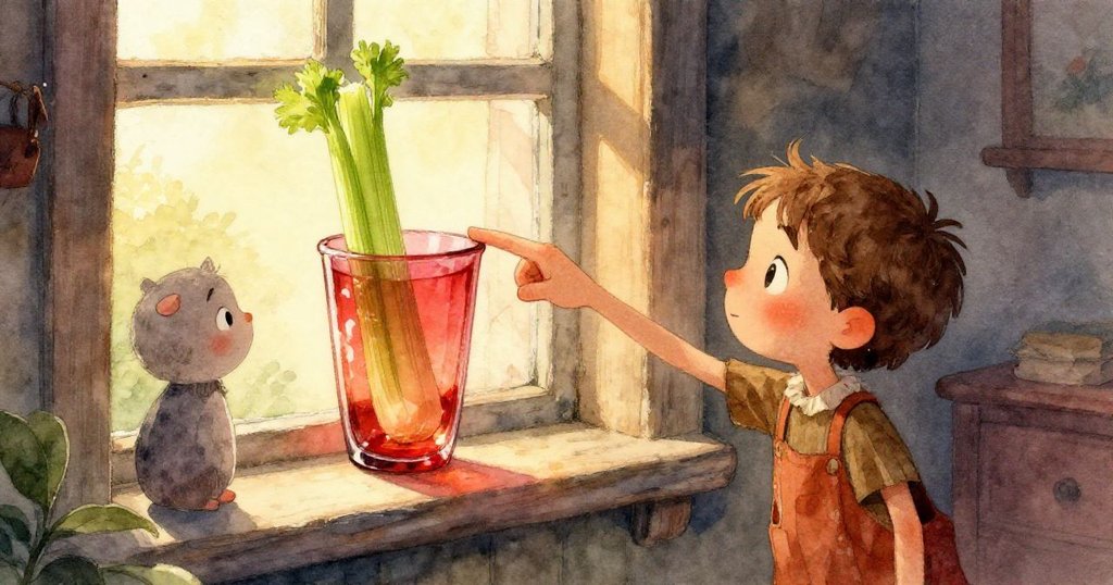 Kit的手在玻璃上調整鉛筆，水珠在紅色玻璃上閃爍，細緻展現實驗細節，展現科學探索的神奇瞬間。