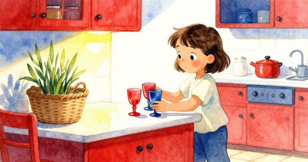 Kit在溫暖廚房中調整玻璃位置，柔和日光灑落，影子交織在桌上，籃中芹菜暗示先前準備，場景舒心寧靜。