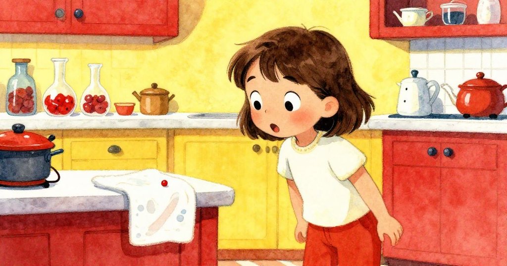 Kit驚喜地凝視著一顆微小紅珠從芹菜上滴落到毛巾上，眼神充滿好奇與驚奇，實驗細節清晰可見。