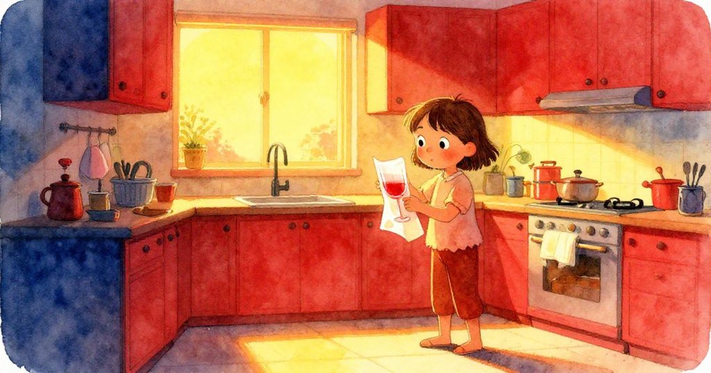 Kit在夕陽餘輝中微笑完成實驗，金色光芒柔和灑落，廚房環境溫暖穩定，展示努力後的平靜與成功。