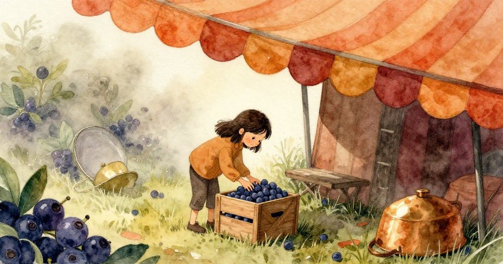 在朦朧晨光中，Neve在條紋帳篷下輕撫木箱，藍莓盒與銅鍋交織出神秘市場初景，展現期待與探索的情緒。