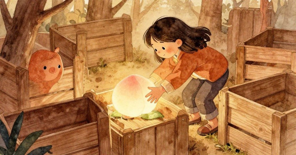 Neve以斜角視角輕探木箱縫隙，取出微光水蜜桃，木質細節與晨光交織出探索與期待的情感。