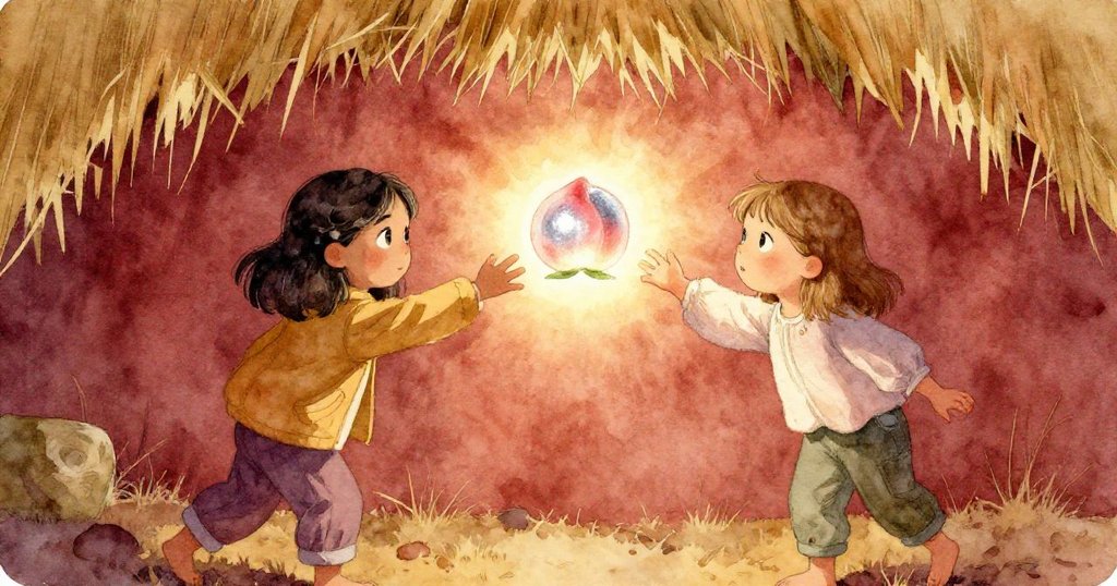 在稻草遮蔽下，Neve與Cora同時伸手取水蜜桃，手腕輕觸展現默契與溫情，氛圍由靜謐轉向溫暖交換。