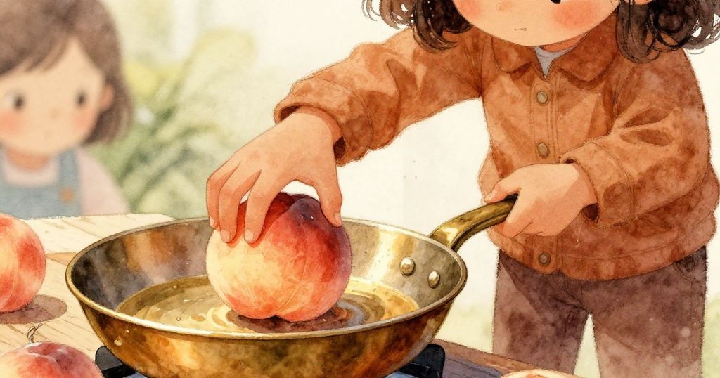 Neve小心地將帶有細紋的水蜜桃放置於銅鍋上，光影捕捉果皮質感，呈現動作細膩後續反應的瞬間。