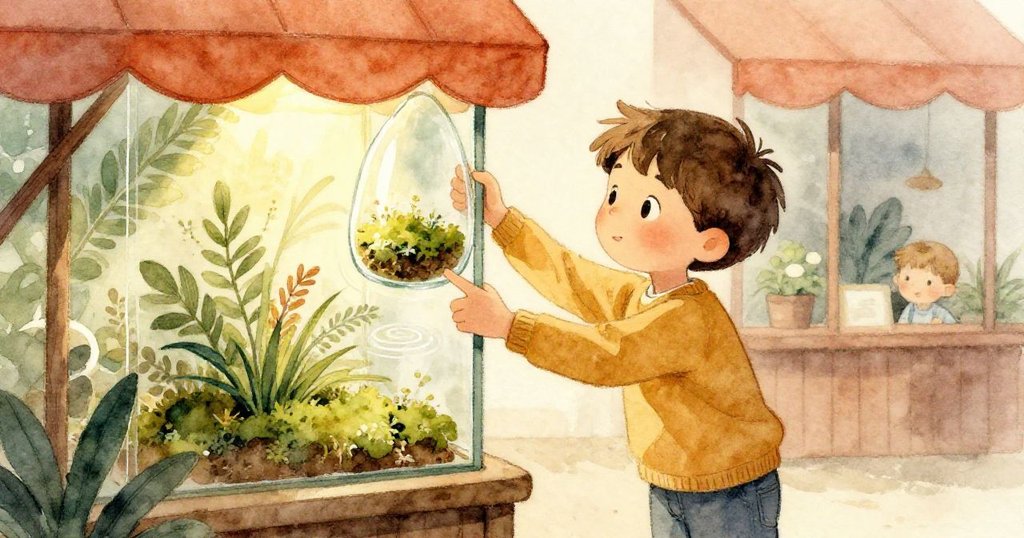 故事尾聲，男孩在光與影中輕觸玻璃溫室，指尖激起苔蘚微波，帶出安靜而滿含驚奇的結局。