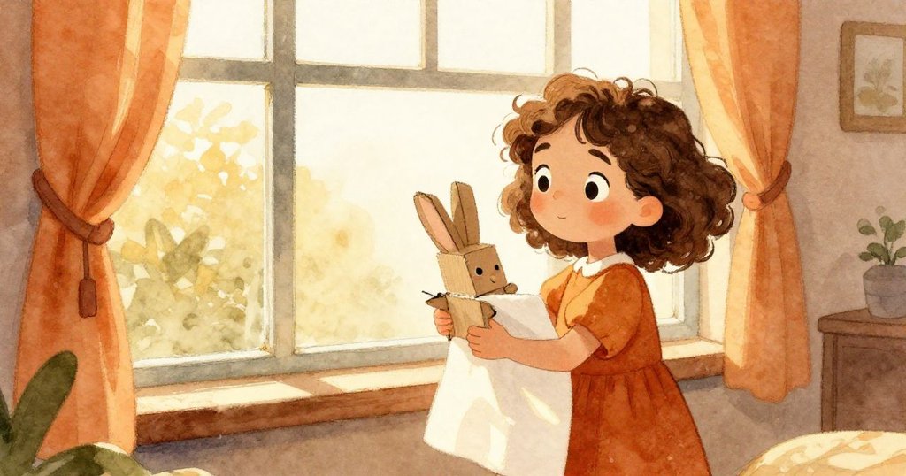 Olive在明亮房間內手持紙板兔，站在大窗前，表情好奇，陽光透過窗灑出暖光，開始故事序幕。