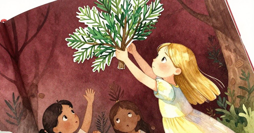 Mabel在傾斜角度下檢視剪紙盒內的杜松樹形狀，面帶喜悅與專注，周圍散雜著繪畫工具。