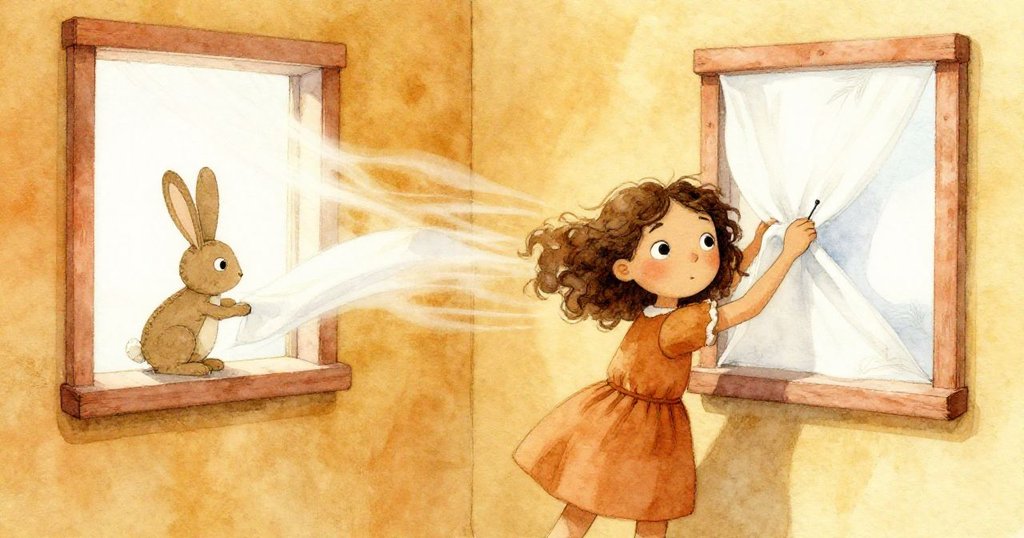 房內窗邊突起急風，橄欖穩定身形扣緊下垂布幕，紙板兔輪廓因風吹暫斷，動感十足。