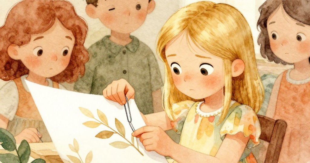 Mabel專注地用小迴紋夾修補散落膠紙葉片，神情堅定，近鏡細緻展現手部動作與溫暖燈光。