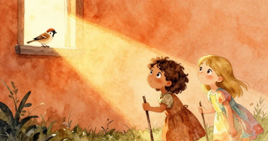 橄欖與梅布爾並肩調整木棍迎接最後陽光，窗邊一隻麻雀短暫停留，暮光中充滿希望與溫柔結局。