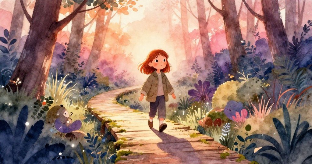 Gwen 踏上苔蘚覆蓋的木板路，腳上沾滿松樹灰塵，充滿好奇與期待，背景展現濃密森林與自然光影。