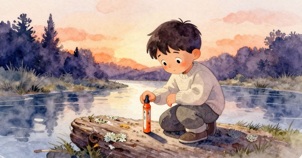 Raine 站在溪邊，細看被青苔掩蓋的舊標記牌，表情充滿疑惑與沉思，背景流露自然歷史感。