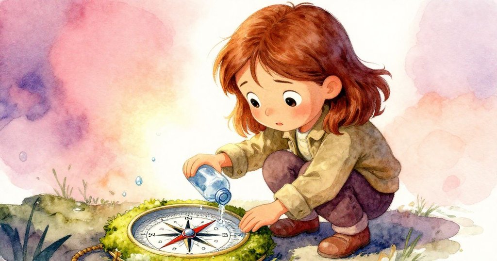 Gwen 蹲下仔細清洗指南針盤上覆滿青苔的污垢，專注神情配合細膩水滴，呈現故事轉折細節。