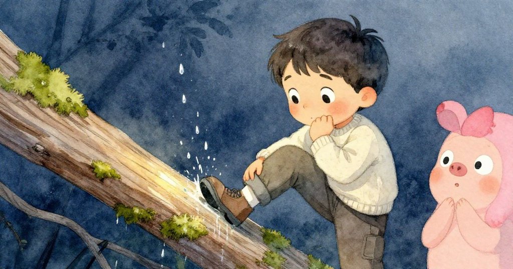 Raine 的鞋上滴落冰冷水珠，木板表面起微小水坑，他驚訝神情瞬間捕捉故事轉折動作。