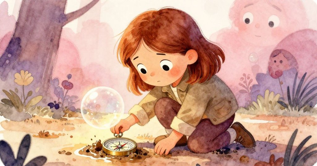 Gwen 小心拾起混濁指南針，手部細緻動作展現堅毅神情，濁水中氣泡穩定透出希望，情節達轉捩點。