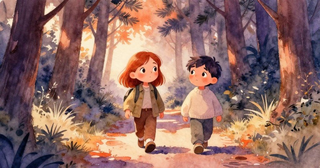 Gwen 與 Raine 沿幽暗松樹小徑踏步前行，步履輕盈追隨指針指引，背景呈現寧靜自然的黃昏景色。