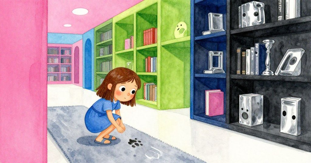 Holly蹲在燈光溫暖的圖書館中,好奇地觀察地毯上的濕腳印,畫面傾斜增添神秘感。