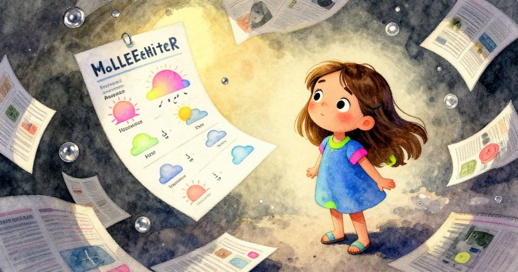 Holly滿臉驚奇地看著隨風飄舞的天氣預報紙,畫面扭曲呈現奇幻光影與散落的雜誌。