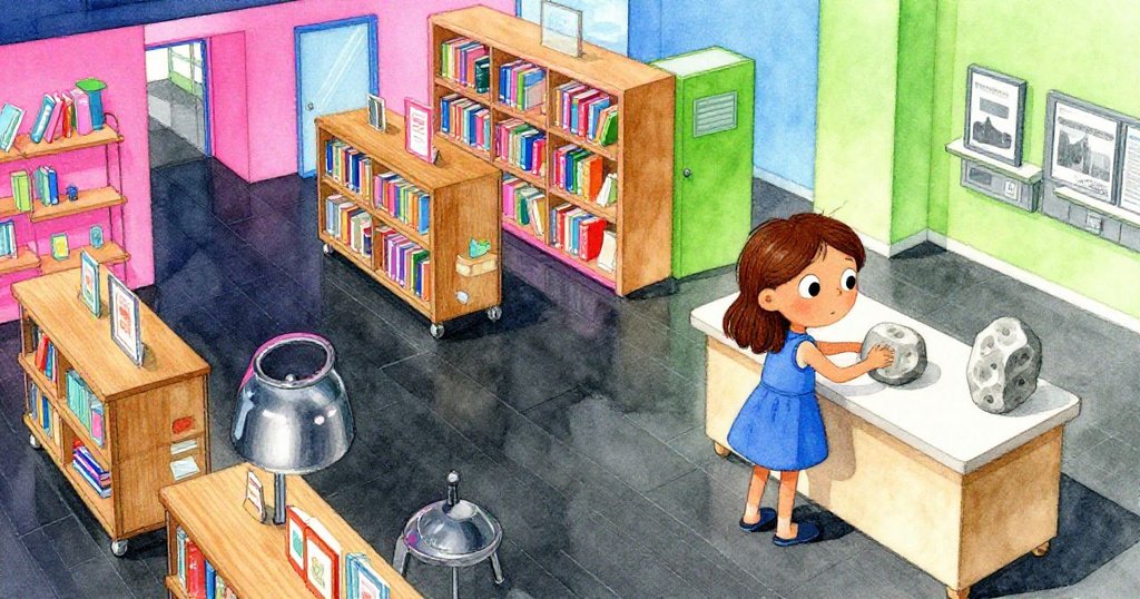 從高處俯瞰圖書館,Holly專注操作石頭書擋,周圍有木製推車和移動中的補書車,充滿現代感。