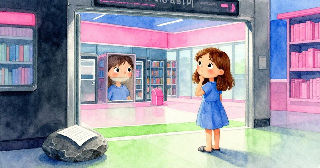 Holly站在開放終端前,面帶輕鬆與堅定,紙條被石頭書擋平整固定,象徵著新希望與解決。