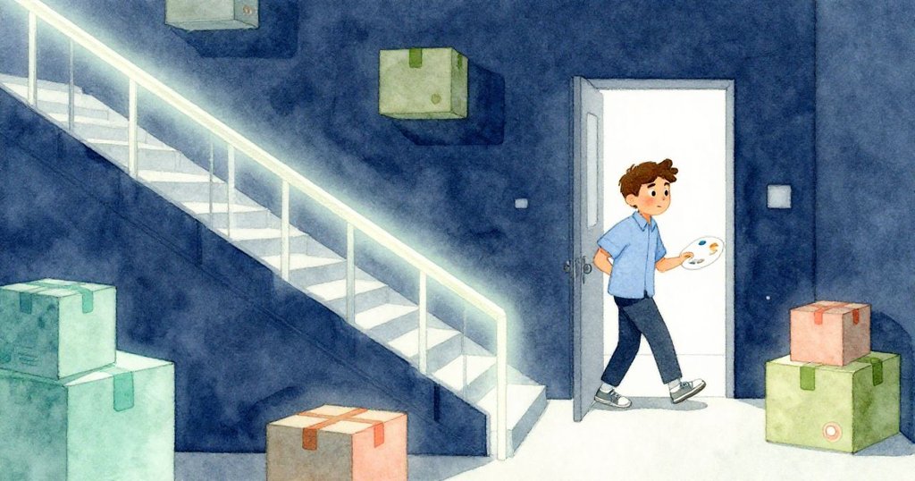 Grant 穿著工作服進入昏暗樓梯間，光線沿著鋼製扶手流動，背景有傾斜的箱子，充滿期待與好奇。