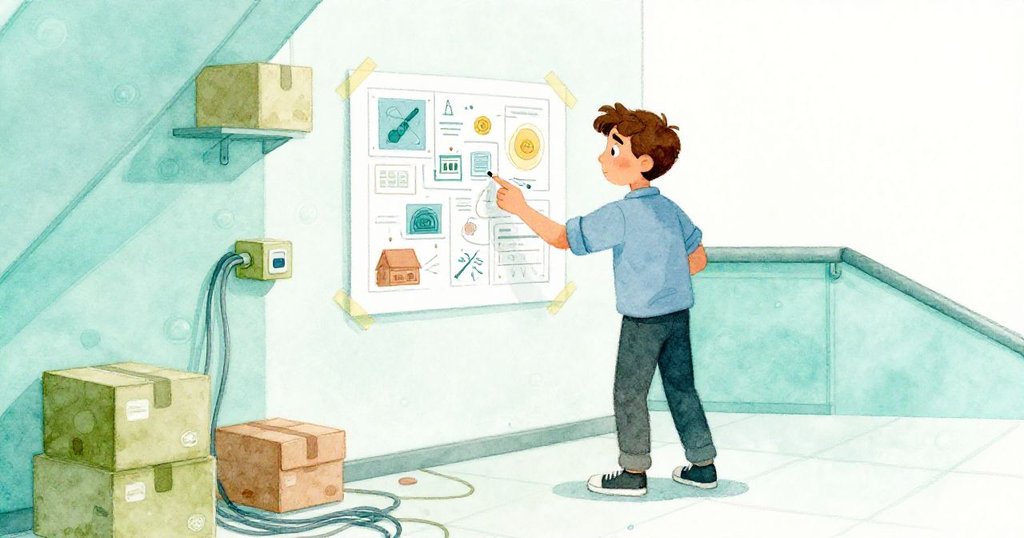 Grant 仔細檢視牆上的示意圖，旁邊擺放著雜亂的箱子和纜線，整個場景充滿了層次與現代氛圍。