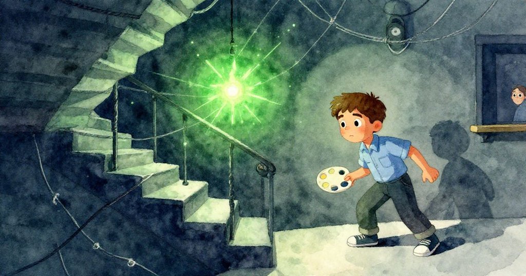 Grant 在黑暗樓梯中注視著纜線間閃爍的綠色火花，詭譎幾何造型突顯出場景的奇異與神秘。