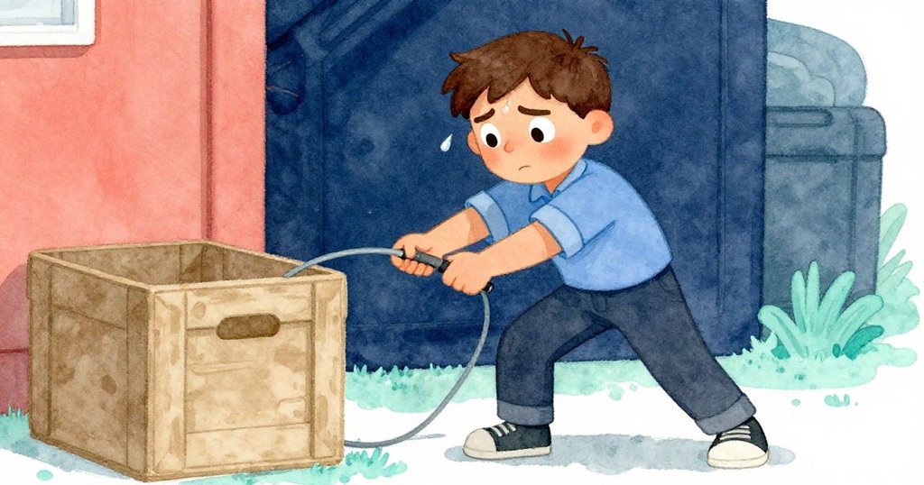 Grant 汗水淋漓地在狹窄樓梯間努力從沉重箱子後取出細小轉接線，表情專注且充滿決心。