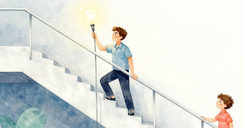 Grant 成功取出轉接線後穩步攀升樓梯，光線重現洩出溫暖明亮，整個走廊充滿安寧與勝利氣息。