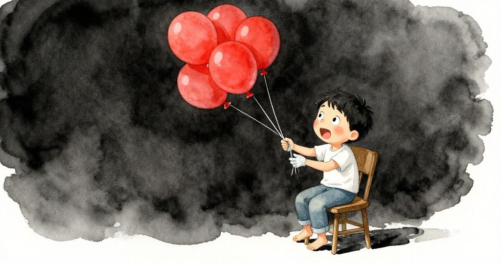 奧托坐在綁繩椅上，拇指被輕膠粘著，六顆氣球在昏暗工作室中搖曳，充滿緊張感與好奇。