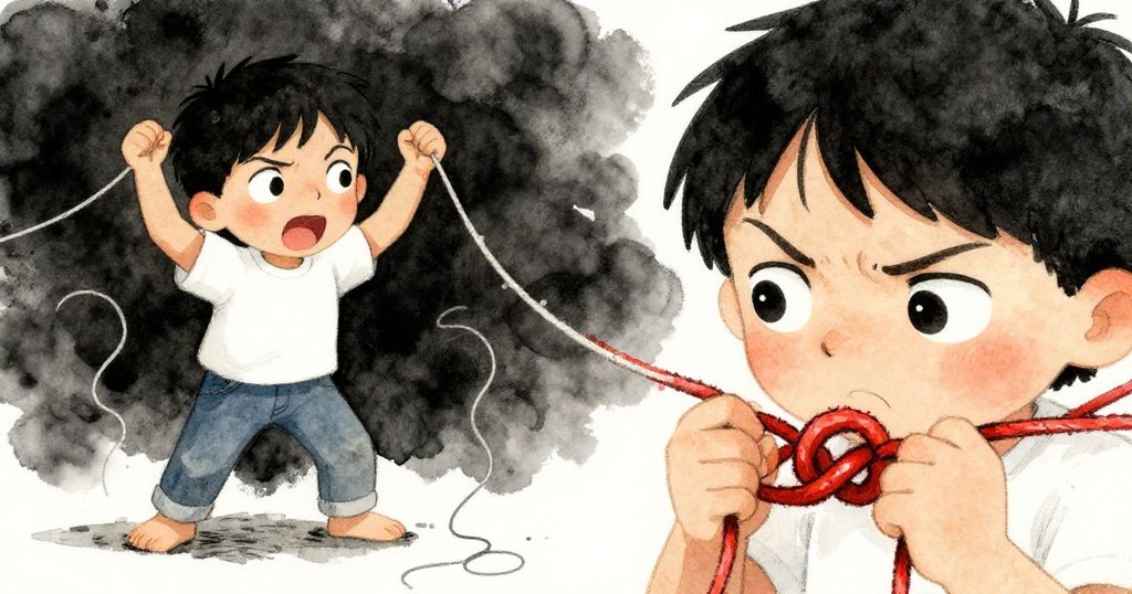 畫面分割展示奧托左側苦鬥纏繞線團，右側近鏡呈現堅毅眼神與錯綜結扣，充滿奮鬥與專注感。