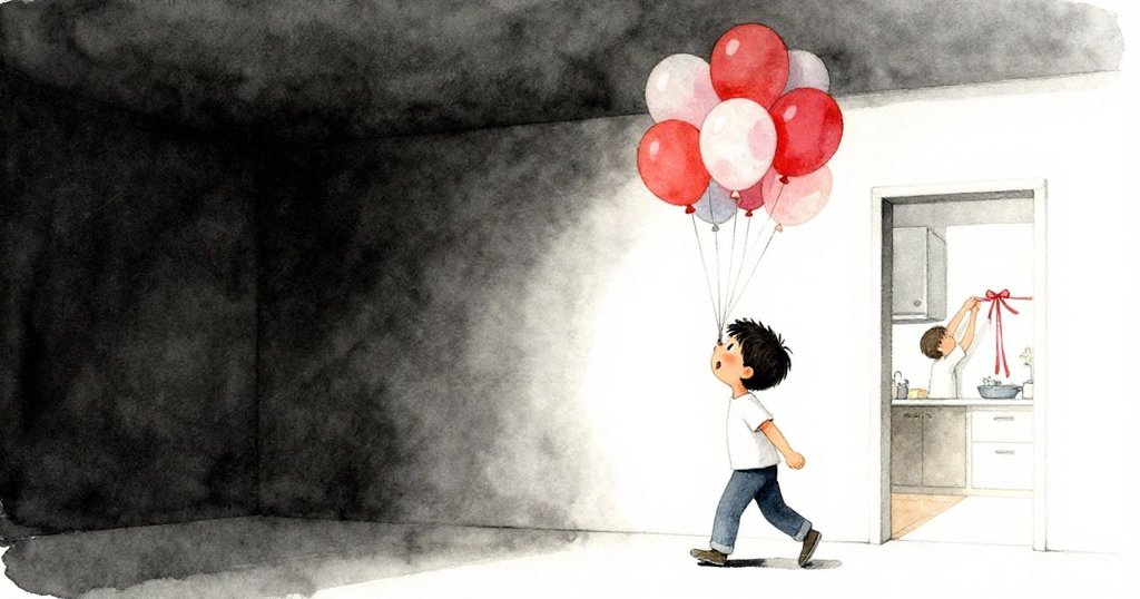 奧托抱著完成氣球束走向天花板角落的門框，同時背景隱約見到賈維斯在廚房中安靜剪裁緞帶，氛圍柔和。