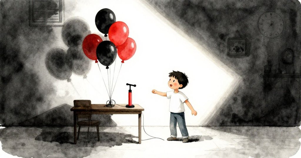 寧靜全景中奧托站在桌旁，手持完成氣球群，旁邊手泵發出嗞嗞聲響，房間充滿平和收尾感。