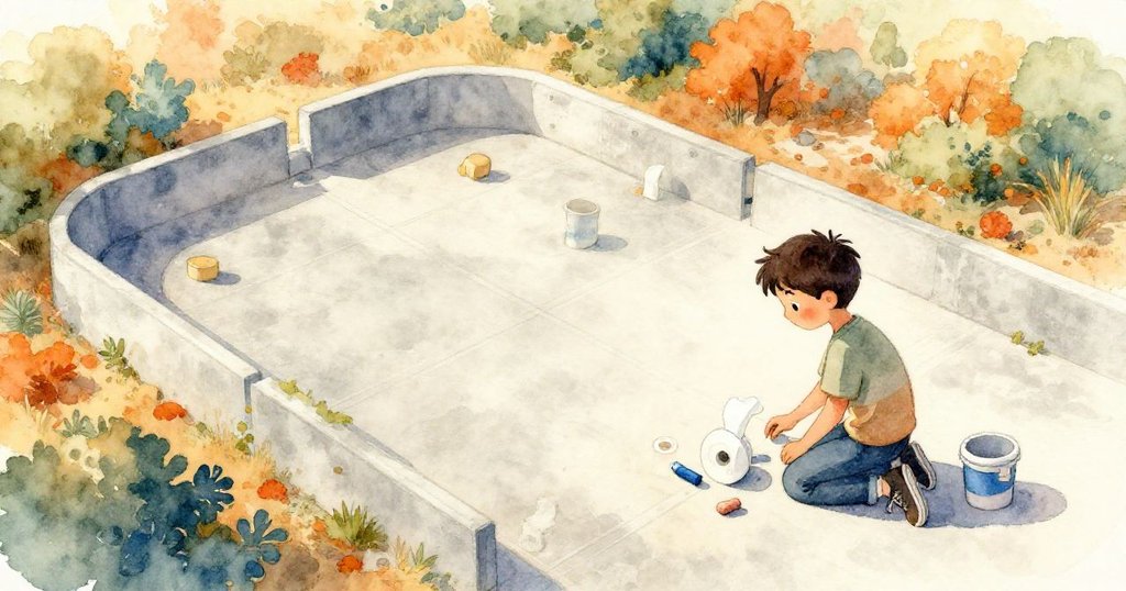 約克在戶外水泥地上膝跪，周遭有紙巾卷和粉筆物品，溫暖光線映襯，情緒專注，呈現故事開端