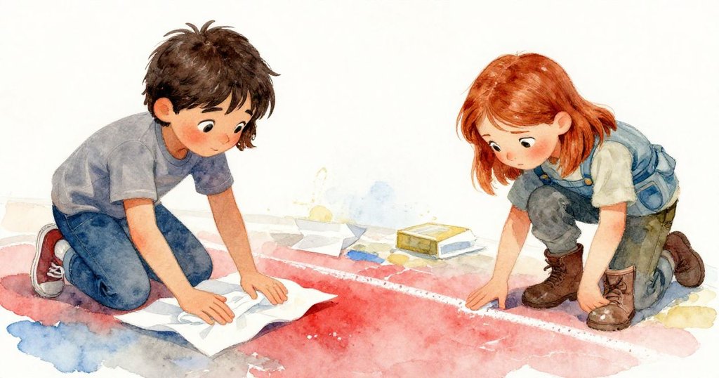 露比果斷按壓飄落紙巾，約克忙於修正粉筆線條，兩人齊心協力解決問題，情緒專注