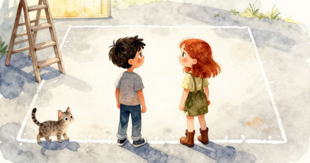 約克與露比一同退後欣賞整齊邊界，貓咪在梯子旁悠閒遊走，畫面充滿成就與釋然感